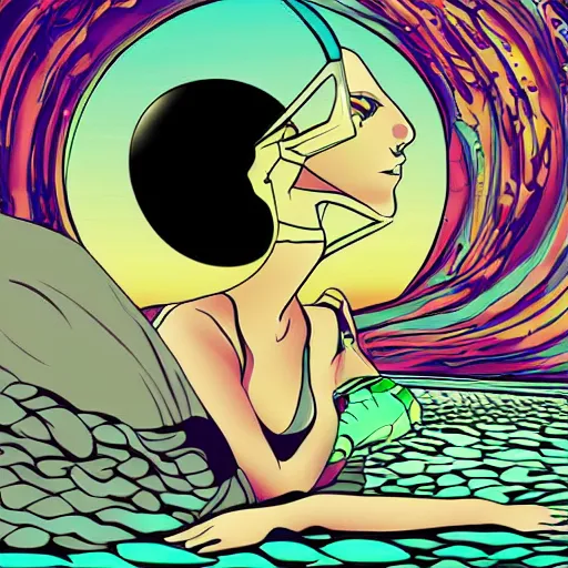 Image similar to alien beautiful hybrid woman laying on beach highly detailed vector art cell shaded pretty ilya kushinov