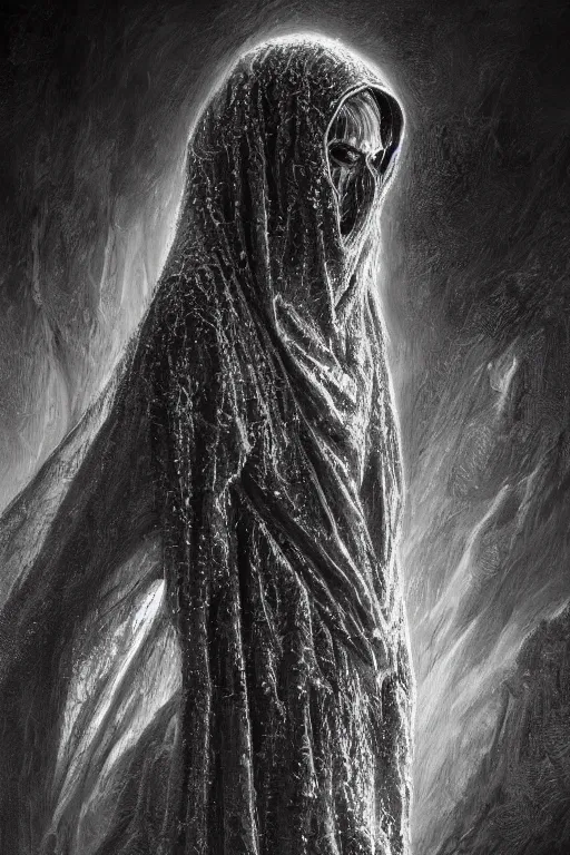 Image similar to realistic portrait of beautifully crystalized and detailed portrait of a ring wraith, matte painting of cinematic movie scene hooded figure, horror, created by gustave dore and greg rutkowski, high detailed, smooth draw, synthwave neon retro, intricate, realistic proportions, dramatic lighting, trending on artstation.