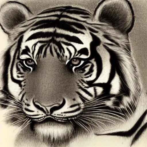 Prompt: a portrait of a young tiger - boy, art by yoshitaka amano, pencil sketch, were - tiger