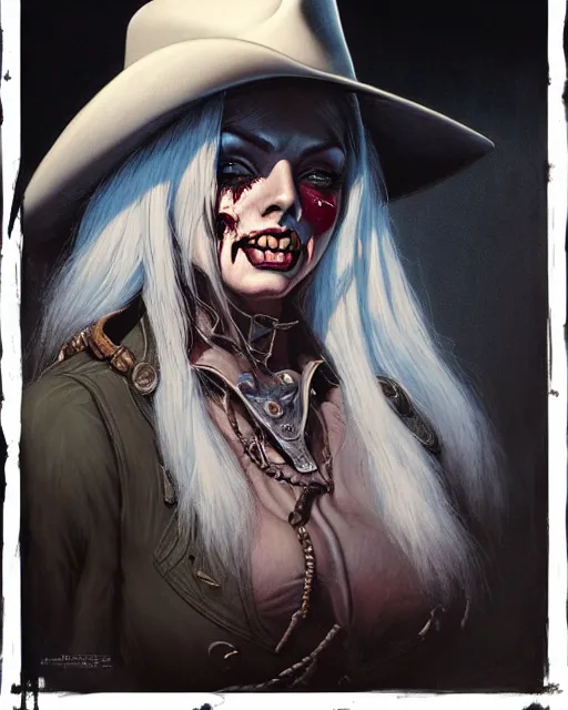 Image similar to ashe from overwatch, cowgirl, black cowboy hat, white hair, character portrait, portrait, close up, concept art, intricate details, highly detailed, horror poster, horror, vintage horror art, realistic, terrifying, in the style of michael whelan, beksinski, and gustave dore