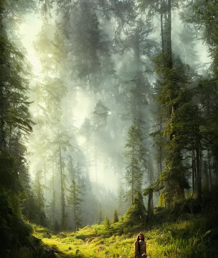 Image similar to most epic landscape, epic cinematic hyperrealism masterpiece. realistic poster with shaded lighting by craig mallismo, artgerm, jeremy lipkin and michael garmash, unreal engine, radiant light, detailed and complex environment, digital art, art station trends, environmental portrait, low angle, 3 5 mm, forest path, misty