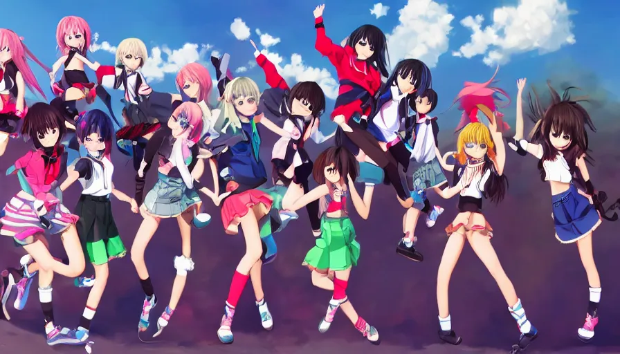 Image similar to group of cute anime characters jumping, colorful outfits, short miniskirts, lightly dressed, ultra detailed digital art, hyper real, detailed, group photo, ultra detailed, ground up angle