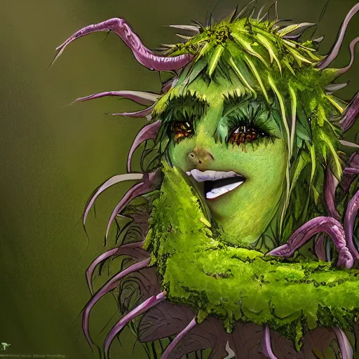 Image similar to A plant monster, highly detailed, digital art, sharp focus, trending on art station, leaves, moss, ferns, thistle, anime art style