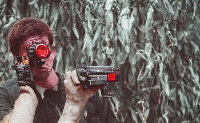 Prompt: cinestill 5 0 d photographic portrait by helen levitt of dark red hazmat scientists with guns walking through a brutalist hedge maze, extreme closeup, cinematic, modern cyberpunk, dust storm, 8 k, hd, high resolution, 3 5 mm, f / 3 2, tenet