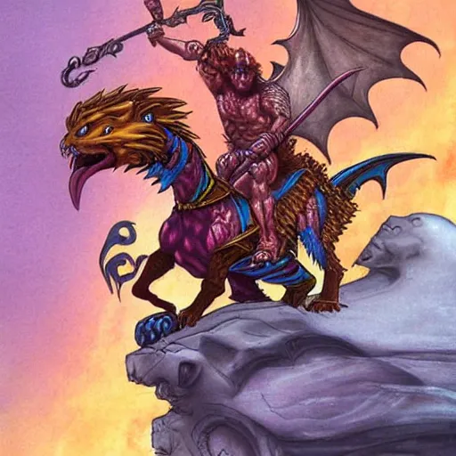 Image similar to full - color fantasy art by chris achilleos of a male barbarian riding a serpent - like dragon.