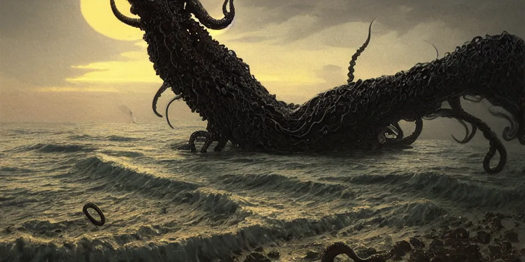 Image similar to landscape view on an old fishing village at night, a fit humanoid tentacled monster emerging from the ocean, night colors, high - key lighting, beautiful composition, intricate, gradient from green to black, pro photography by, highly detailed, digital painting, art by artgerm and greg rutkowski and alphonse mucha, smooth, sharp focus illustration