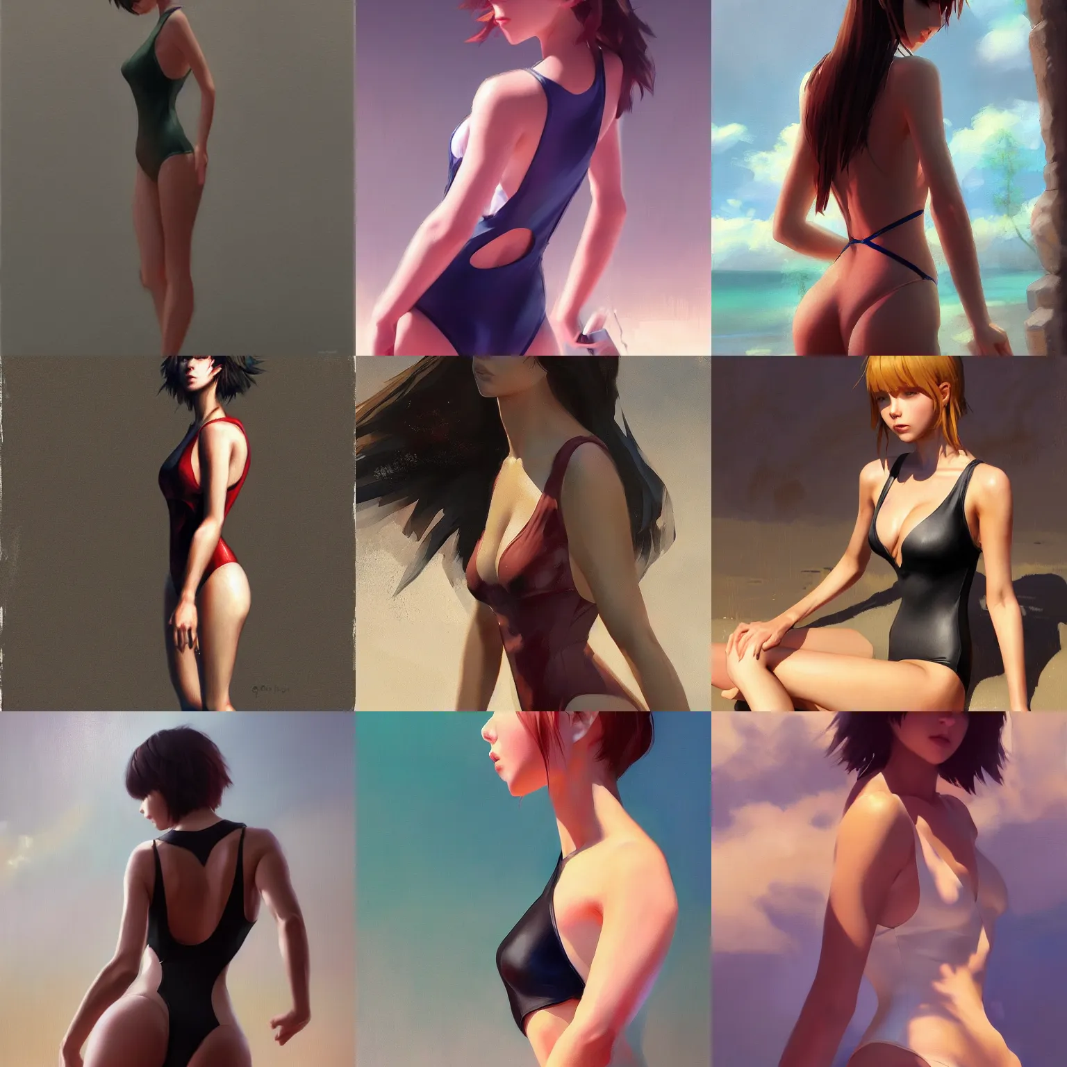 Prompt: Clothed,worksafe.at CGSociety by WLOP,ilya kuvshinov,krenz cushart,Greg Rutkowski,trending on artstation.Close-up one-piece swimsuit.Oil painting.Cinematic dramatic atmosphere,sharp focus,soft volumetric studio lighting.