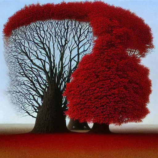 Image similar to white tree with red leaves made by zdzisław beksinski