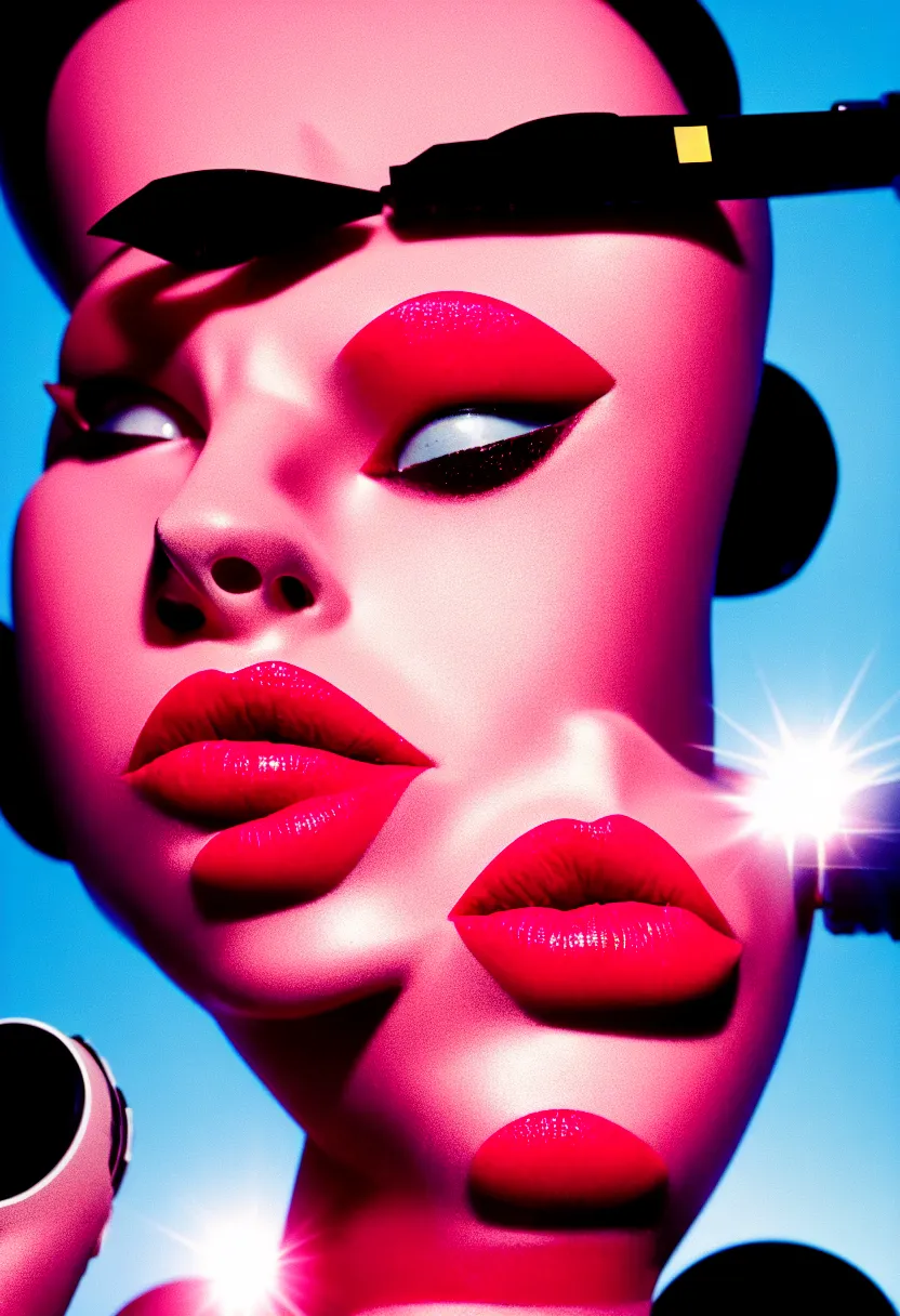 Image similar to medium format fashion shot, photograph of alluring female robot looking into camera, eye closed, red lipstick, sharp focus, kodak ektachrome, chromatic abberations, as fashion editorial 90s, lens flare, 85 mm lens f/1.2