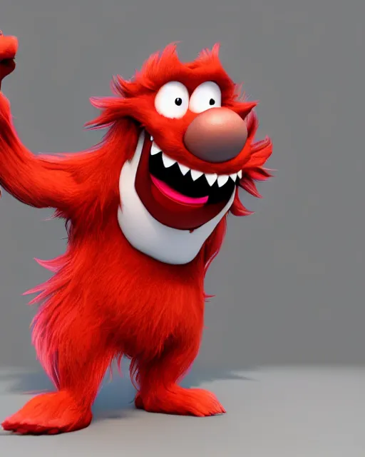 Prompt: 3 d render of completely red hairy friendly monster smiling wearing chrome shades, simple, cute, cartoony, white background, unreal engine 5 hdr