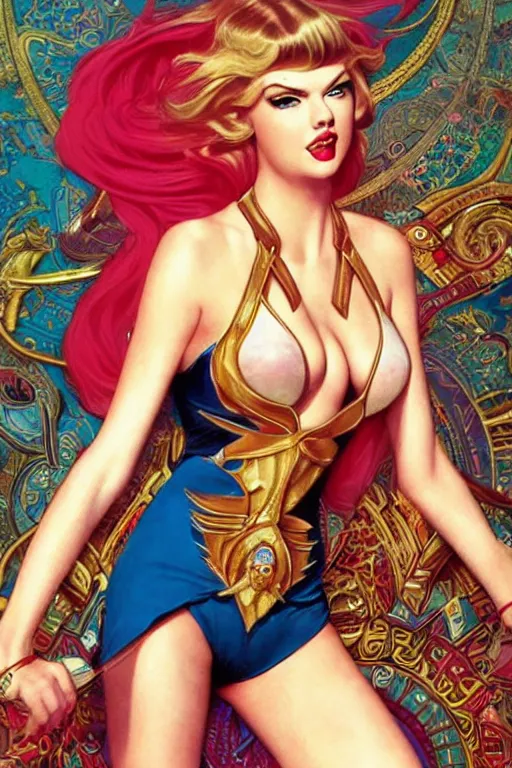 Image similar to she - ra : : taylor swift : : kate upton body : : portrait : : full body : : decadent highly - detailed digital photo : : art by helmut newton and mucha, master prime lenses, cinematic