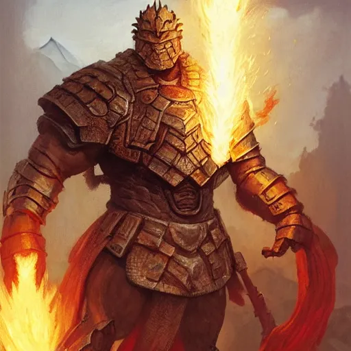 Image similar to head and shoulders portrait of an armored fire giant, d & d, fantasy, greg rutkowski, frank frazetta, alexandre chaudret, boris vallejo, michael whelan, miro petrov, magali villeneuve, donato giancola