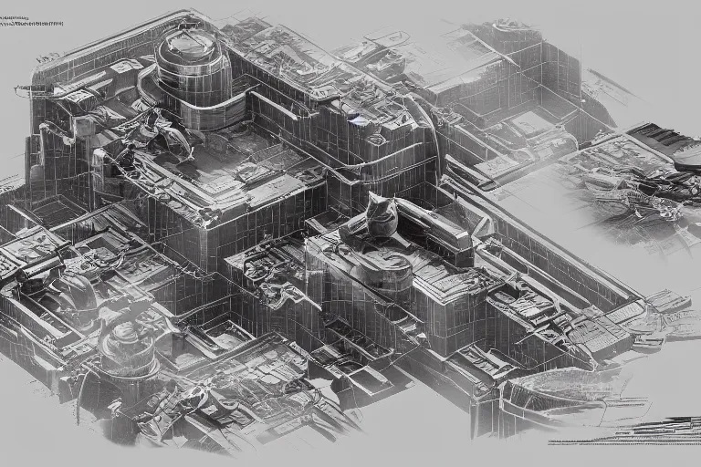 Image similar to schematic diagram of Black Mesa, built, book, page, detailed, cross section, trending on artstation, cgsociety, Ralph McQuarrie and Greg Rutkowski