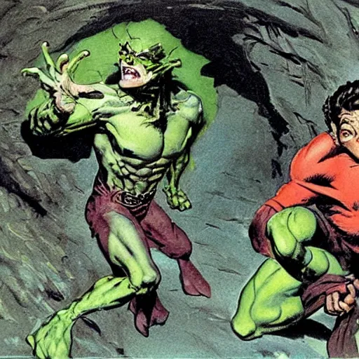 Prompt: an artists rendering of pete davidson being chased through a cave by a green goblin, by frank frazetta