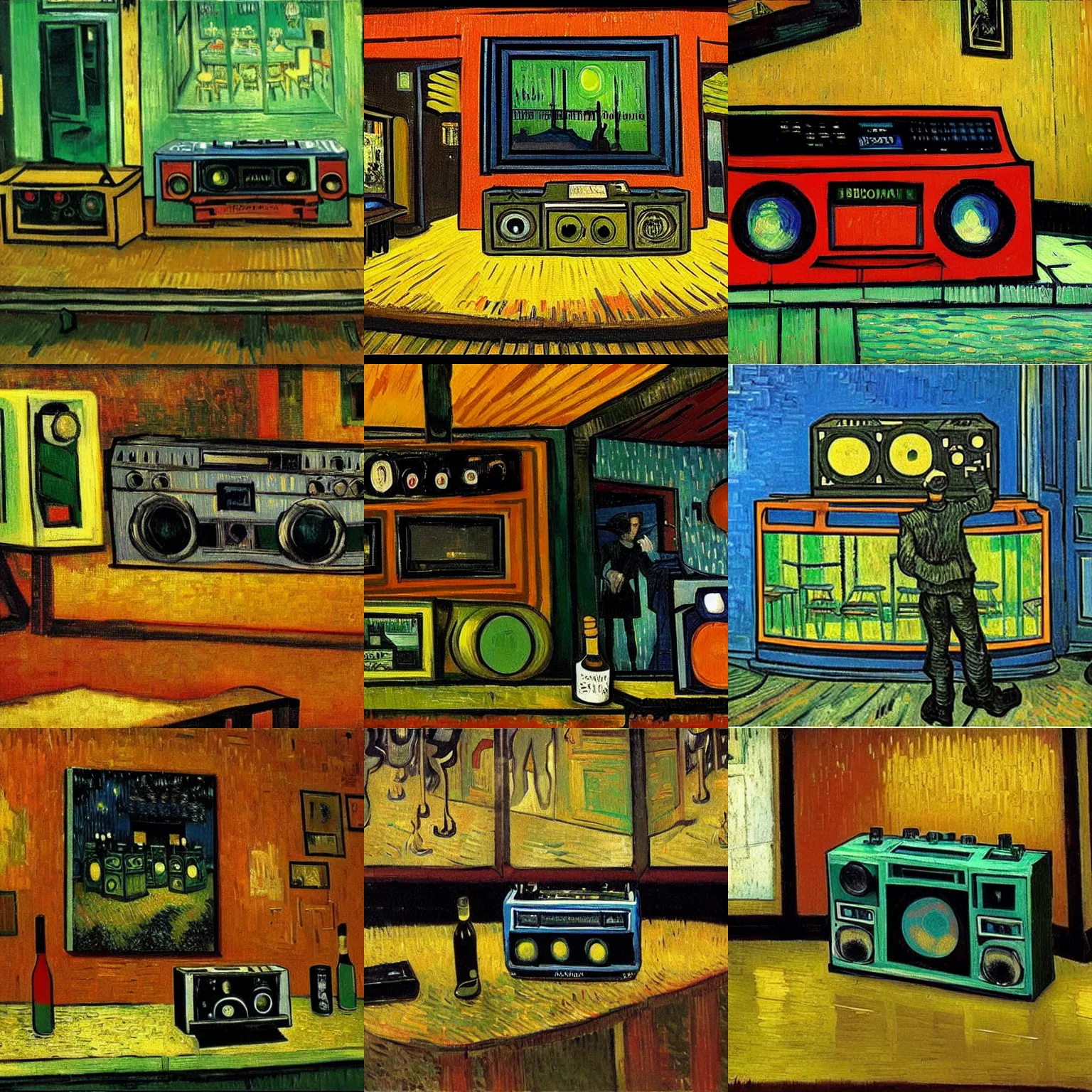 Prompt: a boombox reflecting the surroundings in a bar, painting by vincent van gogh