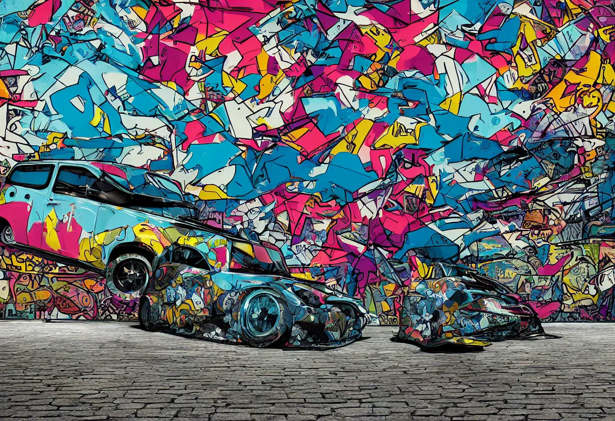 Image similar to yugo car against concrete wall as pop art, matte painting, hyperdetailed, street style, graffiti, illustration, coherent, art nouveau, beautiful render, concept art