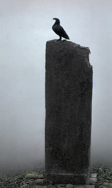 Image similar to raven standing on tombstone, midnight colors, photograph taken by giger and beksinski and death fog and decaying megacity