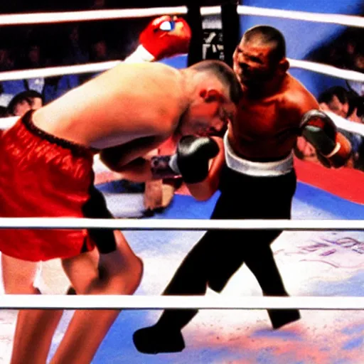 Image similar to Keanu Reeves knocking out Mike Tyson in boxing match, photorealism