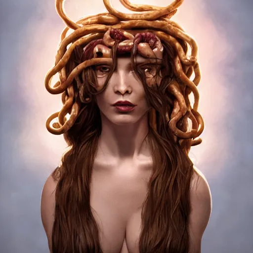 Image similar to medusa with hair made of sausages, award winning creature portrait photography, extremely detailed, artstation, 8 k, sensual lighting, incredible art, wlop, artgerm