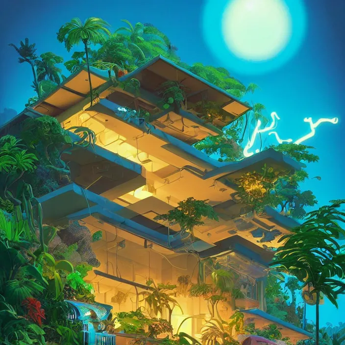 Image similar to a luminescent tropical cottage by paolo eleuteri serpieri and tomer hanuka and chesley bonestell and daniel merriam and tomokazu matsuyama, unreal engine, high resolution render, featured on artstation, octane, 8 k, highly intricate details, vivid colors, vector illustration