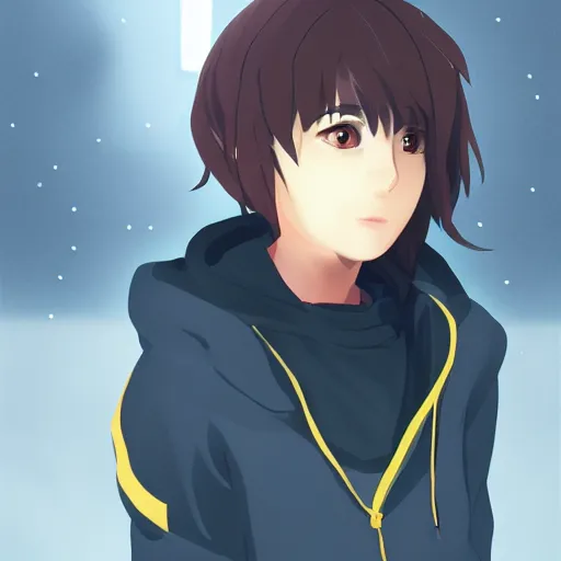 Prompt: a portrait of a moody teenage girl in a hoodie, dramatic lighting, makoto shinkai, trending on artstation
