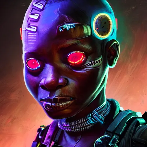 Image similar to a dark and ominous cyborg african child soldier with glowing eyes and tribal facial scarification, neon graffiti, Apex Legends character digital illustration portrait design, by android jones and greg rutkowski in a cyberpunk voodoo style, retrowave color scheme, detailed, cinematic lighting, wide angle action dynamic portrait