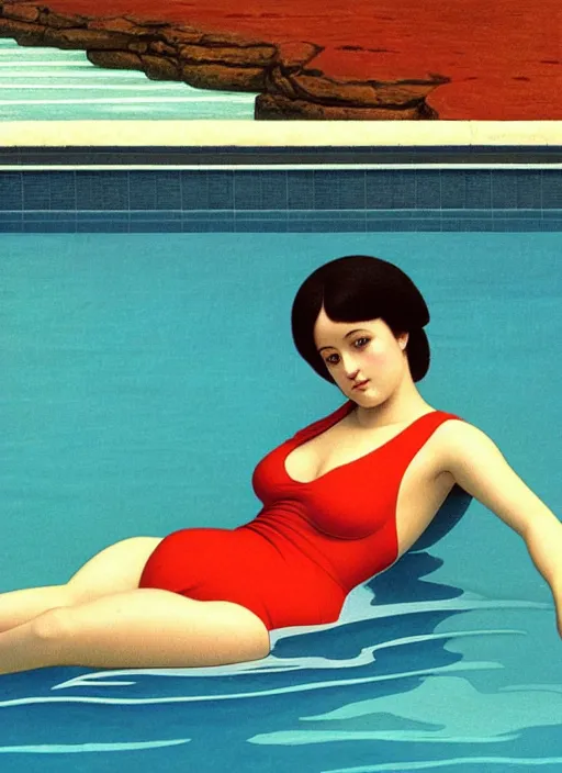 Image similar to portrait of a girl, in retro swimsuit, lying by the pool, minimalist oil painting by john godward, cheng, hsiao - ron, flat colors, beautiful lightning, sharp