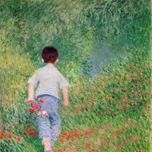 Prompt: a shy little boy running up a mountain with beautiful flowers for his girlfriend in acrylic by claude monet