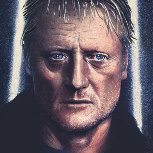 Image similar to cinematic portrait of rutger hauer in blade runner 2 0 4 9, perfect face, neon rain, moody, elegant, by alyssa monks, highly detailed, symmetrical face, fine details, masterpiece, trending on artstation