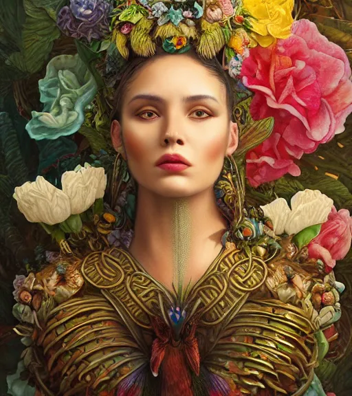 Image similar to portrait of a quetzalcoatl, surrounded by flowers by karol bak, james jean, tom bagshaw, rococo, trending on artstation, cinematic lighting, hyper realism, octane render, 8 k, hyper detailed, ink by frank miller