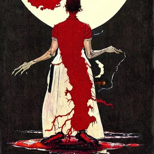 Prompt: style of Norman Rockwell and Rafael Albuquerque comic book art, female ghost with white dress floating over a lake, ghastly scary horrible witch look on face, screaming angry, extremely long nails, red, floating over a lake, night time, dark, full moon, scary terrifying horror