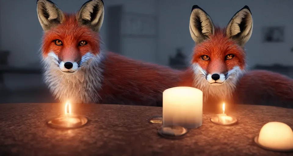 Image similar to a beautiful hyper realistic ultra detailed lifelike matte painting of a fox in front of a candle, unreal engine, deviantart, flickr, artstation, octane render, textured, colorful, extreme realistic detail, physically based rendering, pbr render, very detailed, volumetric lighting, detailed lighting, octane render, 4 k, cinematic lighting, 8 k resolution