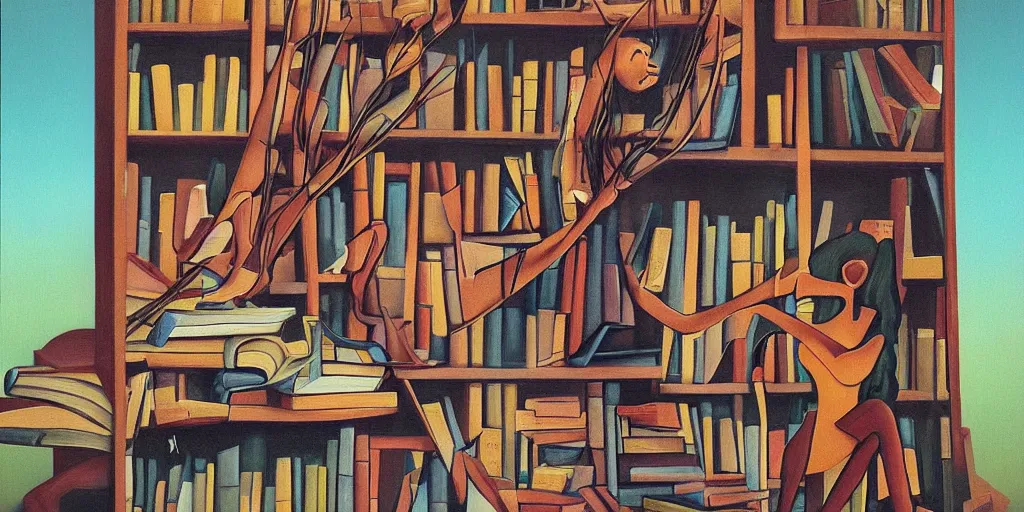 Image similar to surreal painting of a woman getting into a book