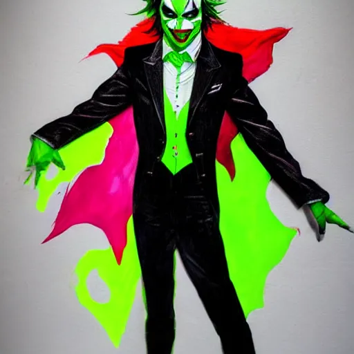 Image similar to full body shot of vinny vinesauce in a joker makeup, full - body art, fantasy art, dnd, vinny vinesauce, very beautiful fantasy art, bright colors, final fantasy, graceful, elegant, trending on artstation, intricate details, matte painting, organic painting, bold shapes, street art, greg rutkowski, gaston bussiere