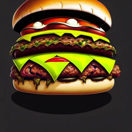 Image similar to a monster with a hamburger head on a suit, hamburger monster, burger face, burger with human eyes, burger with a mouth, very detailed eyes, character concept art, fantasy, intricate, fantasy drawing, illustration, highly detailed, hyperrealistic, cgsociety, artstation, oil painting by greg rutkowski, by artgerm