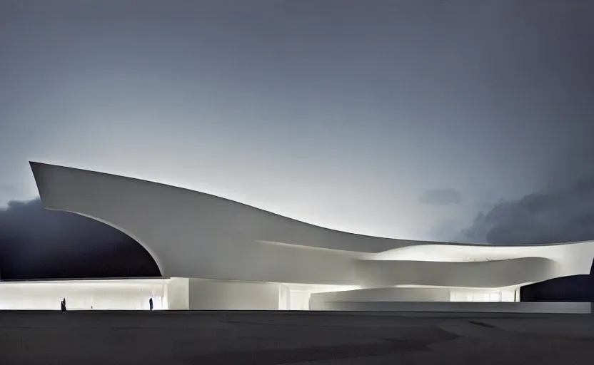 Image similar to exterior painting of a white architecture by zaha hadid and peter zumthor painted by greg ruthkowski, cinematic and atmospheric lighting