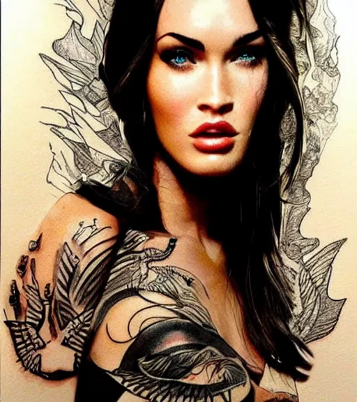 Image similar to megan fox face double exposure with beautiful mountains, tattoo sketch, hyper - realistic, in the style of matteo pasqualin, amazing detail, sharp, faded