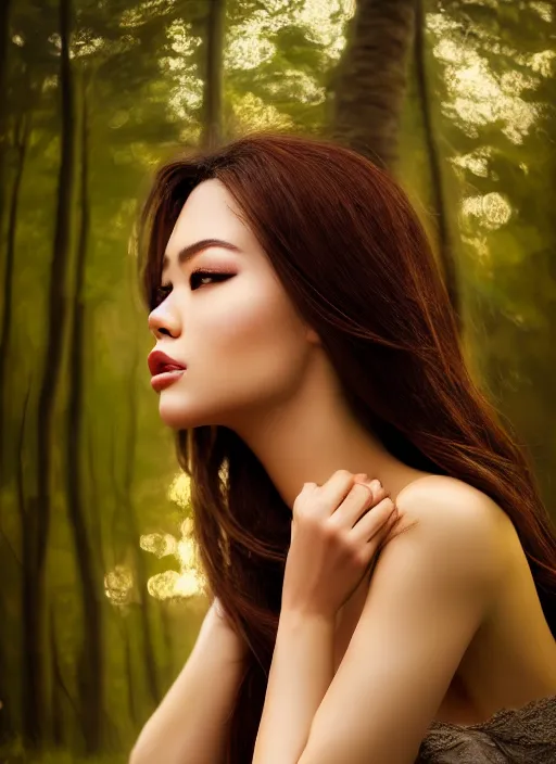 Prompt: photo of a gorgeous female in the style of stefan kostic, realistic, professionally, professionally color graded, half body shot, sharp focus, 8 k high definition, insanely detailed, intricate, elegant, art by stanley lau and artgerm, extreme bokeh, blurred forest in background
