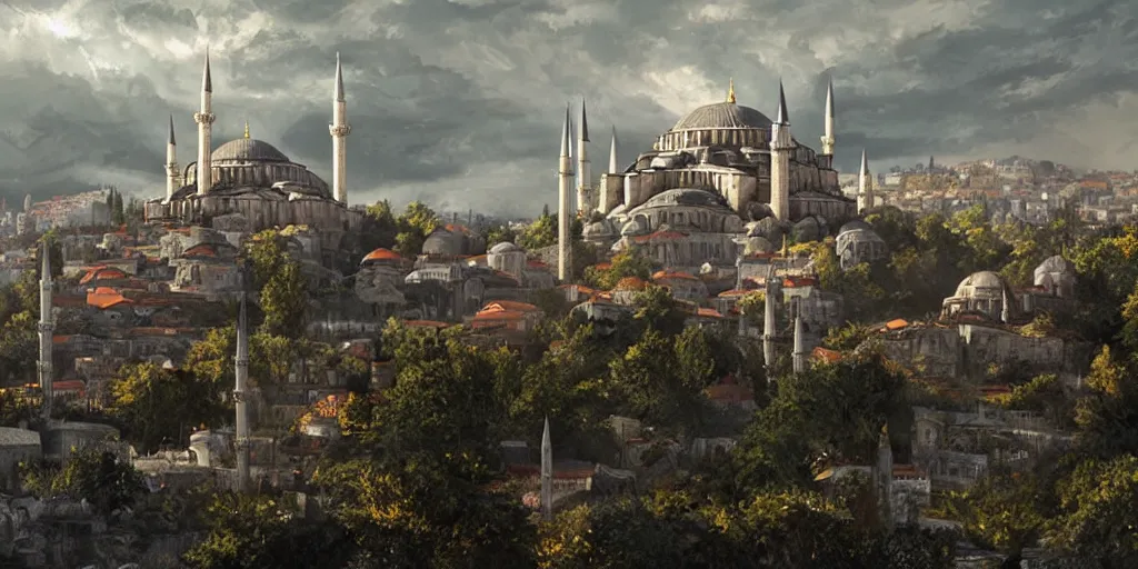 Prompt: medieval istanbul scenery landscape, lord of the rings,, rule of thirds, highly detailed, perfect lighting, perfect composition, 4 k, artgerm, derek zabrocki, greg rutkowski