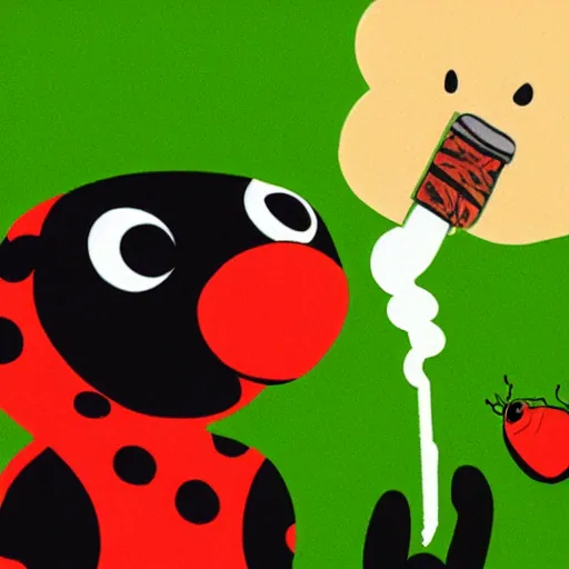 Image similar to an artwork depicting a cartoon ladybug smoking a joint, green background