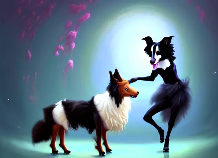 Image similar to wide shot painting of a male anthropomorphic border collie fursona dancing with a cute female anthropomorphic sheep fursona in a ballroom, beautiful, intricate, elegant, realistic proportions, highly detailed, scenic background, trending on artstation, art by charlie bowater and henry asencio and and ross tran