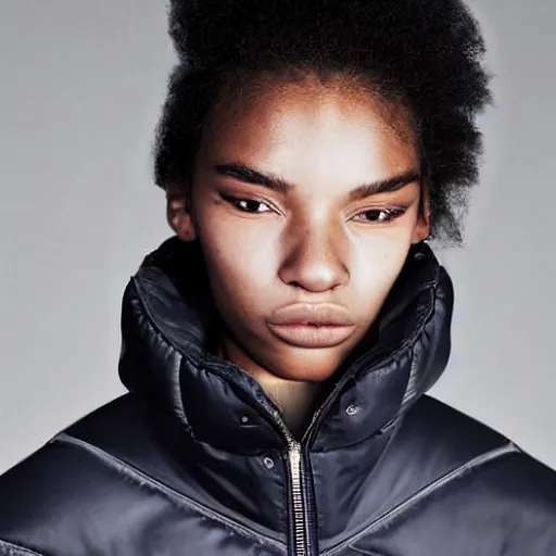 Image similar to realistic photoshooting for a new balenciaga lookbook color film photography close up portrait of a beautiful woman model, model wears a puffer jacket, photo in style of tyler mitchell, ssense