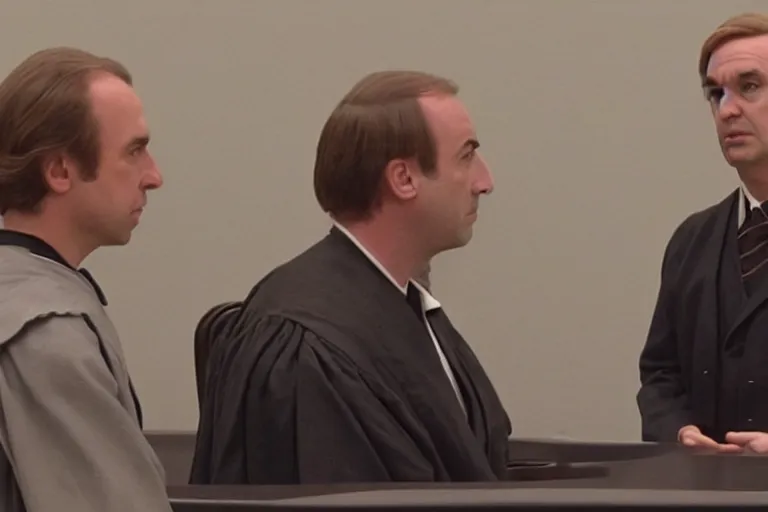 Prompt: saul goodman defends anakin skywalker wearing prisoner's uniform in court, court images, 1 0 8 0 p, court archive images