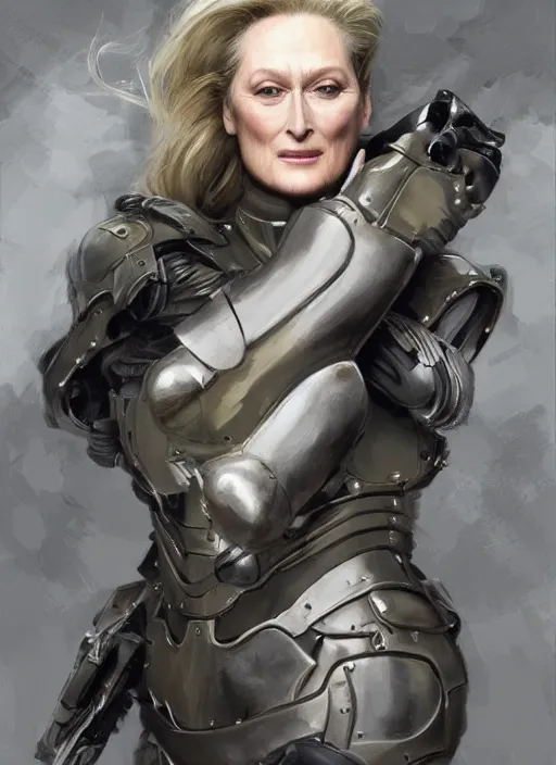 Prompt: a professional painting of a beautiful Meryl Streep, clothed in military armor, olive skin, long dark hair, beautiful bone structure, symmetrical facial features, intricate, elegant, digital painting, concept art, smooth, sharp focus, illustration, from Metal Gear, by Ruan Jia and Mandy Jurgens and Artgerm and William-Adolphe Bouguerea