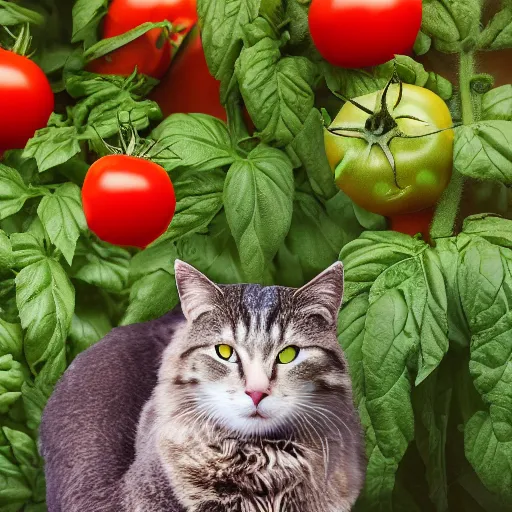 Image similar to photo of giant [ tomato ] next to a cat taken with canon eos - 1 d x mark iii, bokeh, sunlight, studio 4 k