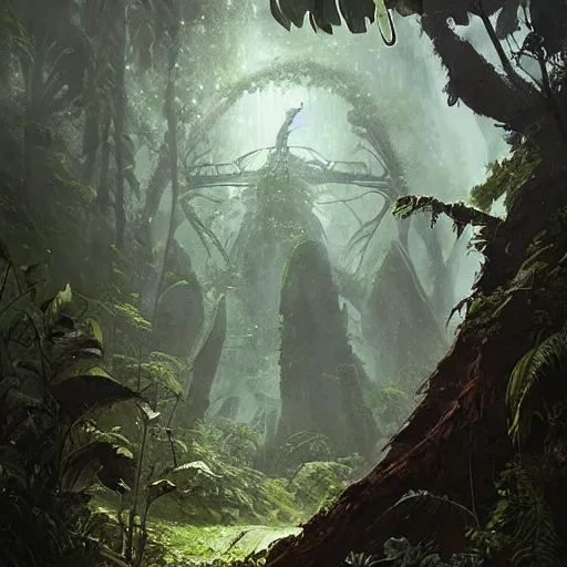 Image similar to An intact ancient alien ship, discovered half-buried in the jungles of Papua New Guinea, detailed fantasy art by Greg Rutkowski