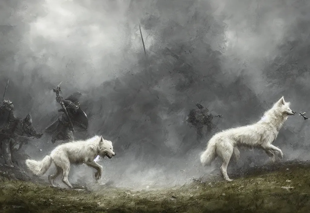Image similar to a large white wolf fighting a knight, artstation, jakub rozalski, high detail, dramatic lighting, night, rain