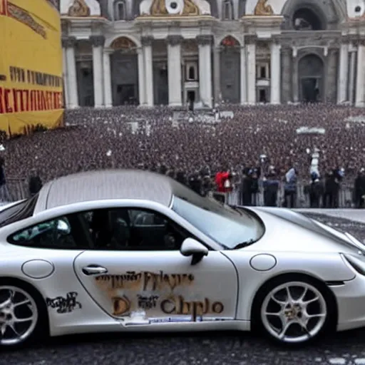 Image similar to a stunning award-winning photo of the Pope doing a sick drift in his Porsche on St. Peter's square, dark tire marks, gray smoke coming out of the tires, very high quality, extremely detailed