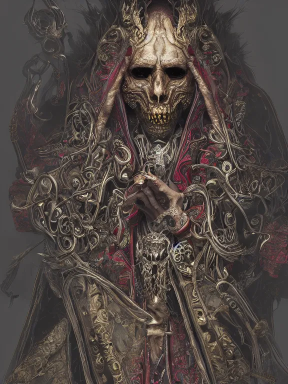 Prompt: portrait art of 8k ultra realistic lich wizard , detailed intricate ornate robe, full of colour, cinematic lighting, trending on artstation, 4k, hyperrealistic, focused, extreme details,unreal engine 5, cinematic, masterpiece, art by ayami kojima, giger