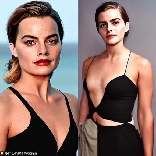 Image similar to a woman who is a genetic combination of margot robbie and emma watson face and upper - body focus